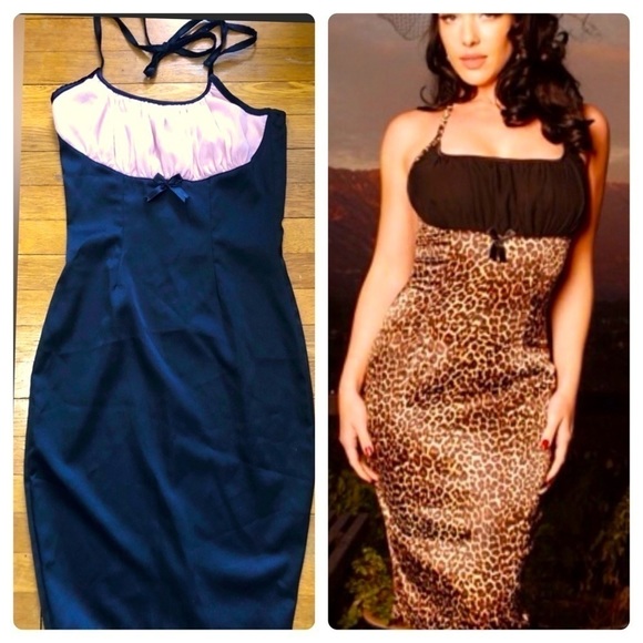 Pinup Couture Dresses & Skirts - Nwt M Pinup Couture Dixiefried Halter Wiggle Midi Dress Black Satin Pink Chiffon